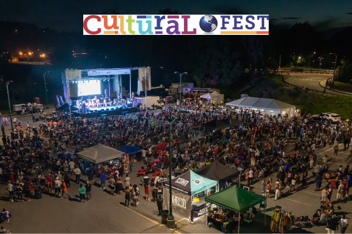 Outdoor Festival Overview of Stage, People and Tents