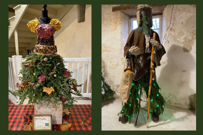 Dress forms showing holiday displays created with greens and other decorative accents