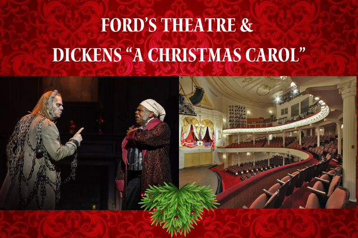 Actors dressed as Scrooge and Bob Marley and an interior photo of Ford's Theatre