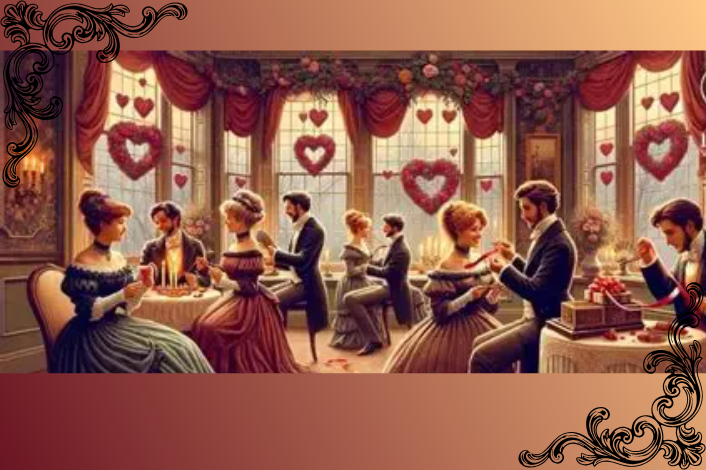Couples sitting at small tables in Victorian dress celebrating Valentine's Day