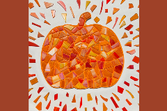 Pumpkin made out of mosaic glass pieces in various shades of orange and yellow