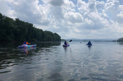 Group of people kayaking down a river