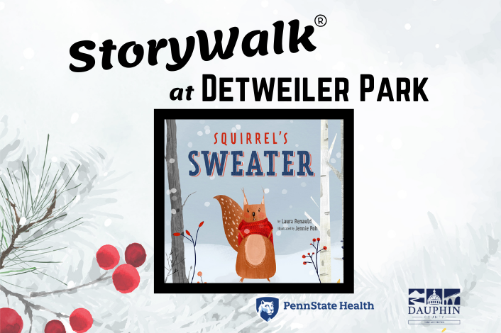 StoryWalk at Detweiler Park showcasing the book Squirrel's Sweater a squirrel bundled in a red sweater that is too small with trees and snow in the background